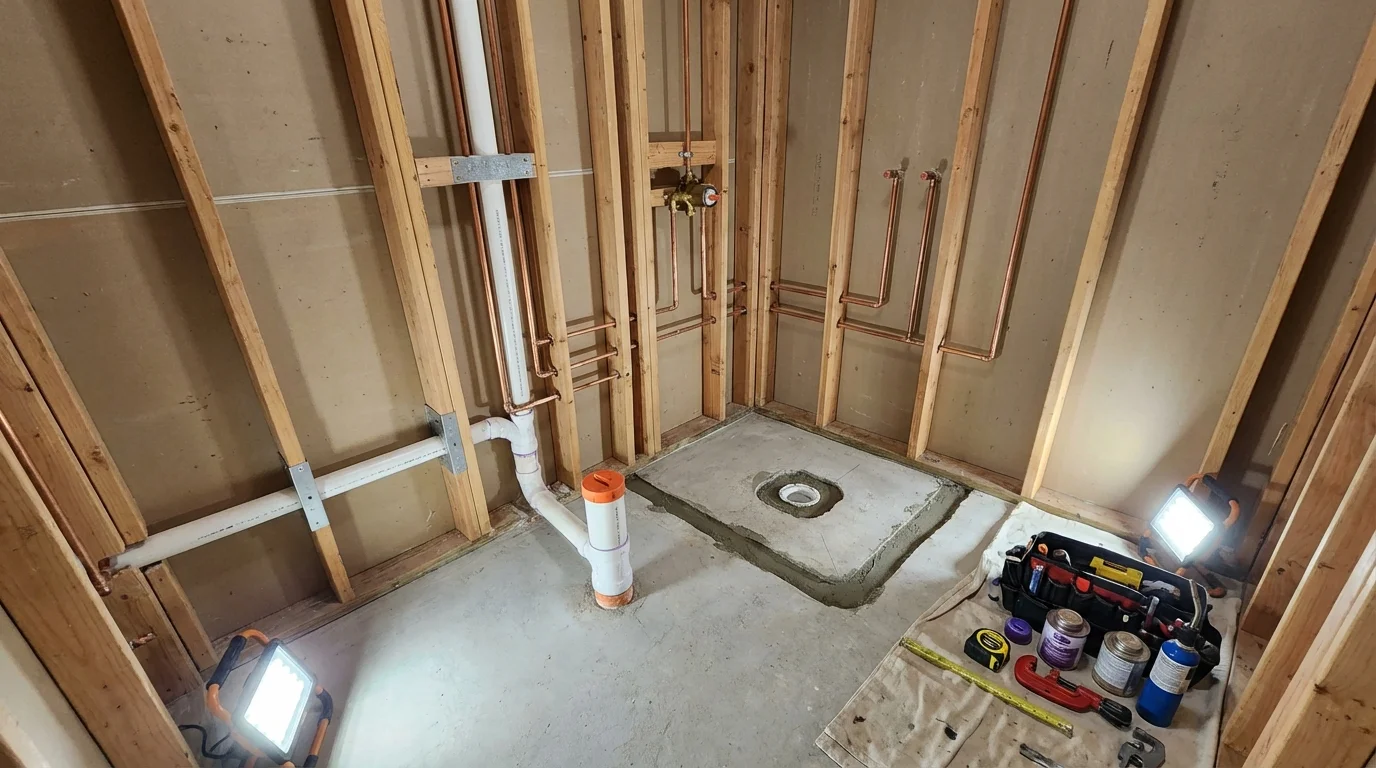 Bathroom rough-in plumbing during remodel by Johns Plumbing LLC in Folcroft